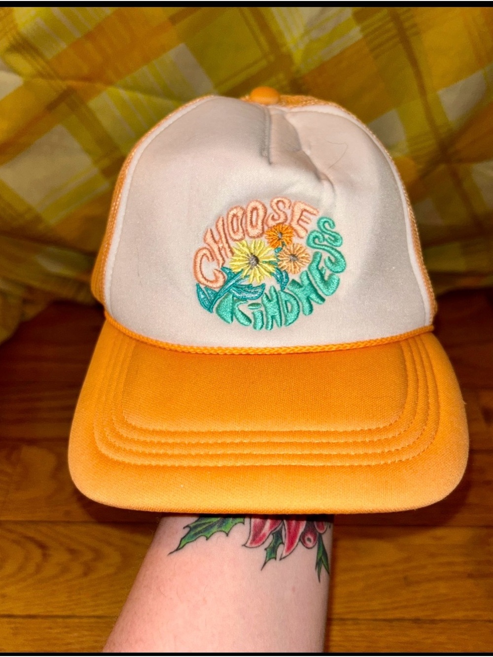 Orange Choose Kindness Embroidered Trucker Hat with Braiding Detail